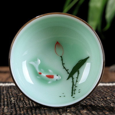 60 ml-es új Celadon kínai Kung Fu teáskészlet kerek lapos Lotus Pu'er teáscsészék Kézzel festett kerámia Lotus egyponty teáscsészék