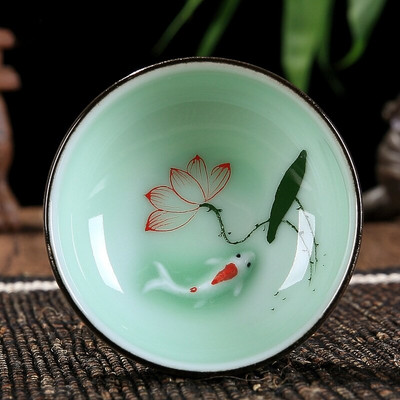 60 ml-es új Celadon kínai Kung Fu teáskészlet kerek lapos Lotus Pu'er teáscsészék Kézzel festett kerámia Lotus egyponty teáscsészék