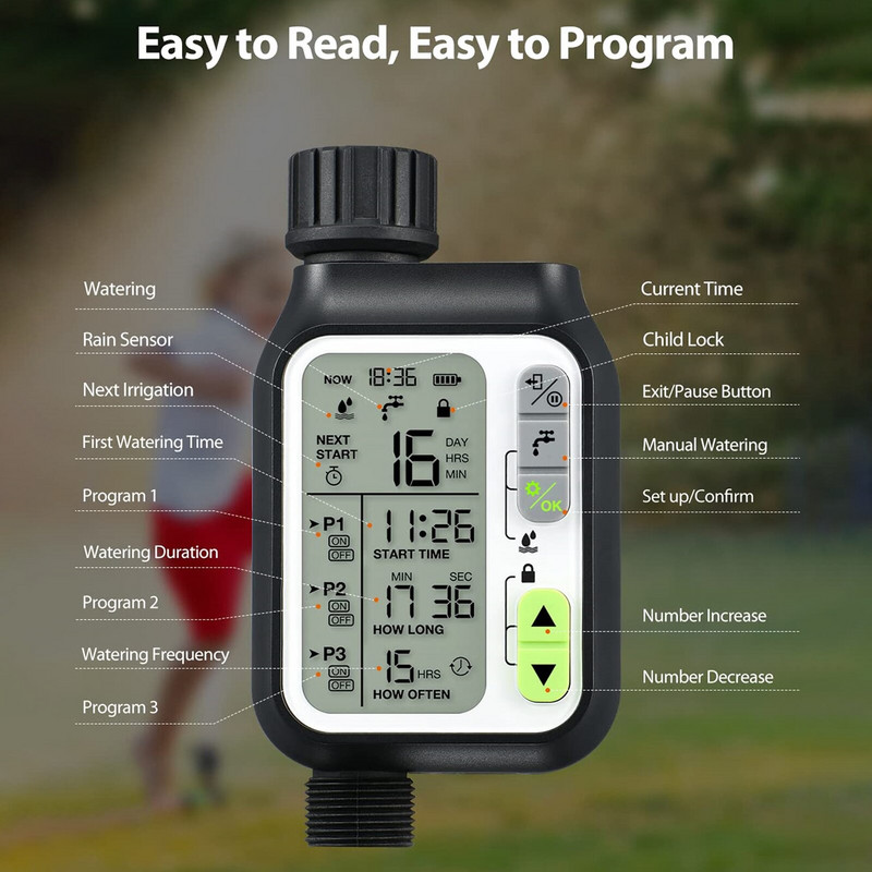 Afișaj cu ecran mare Temporizator de udare a grădinii Controler de irigare Robinet digital programabil Sistem de irigare pentru udare Waterpro