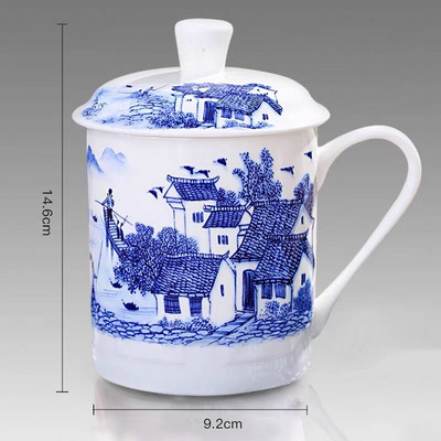Kínai stílusú csont Kína Jingdezhen kék-fehér porcelán teáscsésze Irodai ivóvíz csésze fedéllel Utazási teáskészlet
