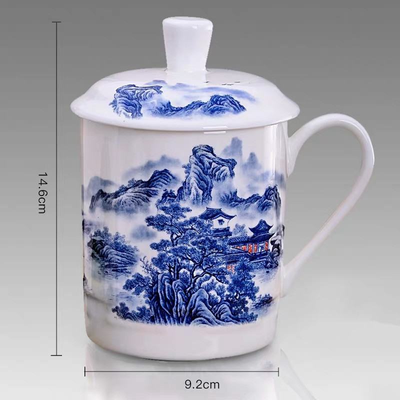 Kínai stílusú csont Kína Jingdezhen kék-fehér porcelán teáscsésze Irodai ivóvíz csésze fedéllel Utazási teáskészlet