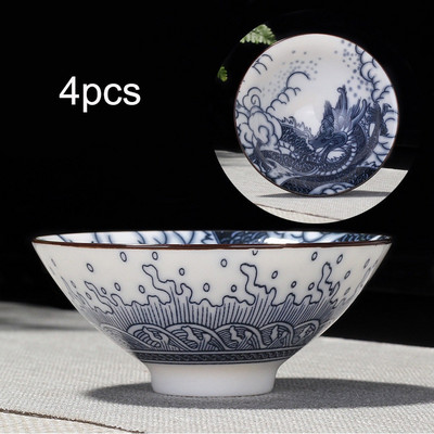 4db/készlet Kék-fehér porcelán teáscsésze,Kézzel festett kúpos teáscsésze,Kínai stílusú mintás teáscsészék,Teakellékek Puer csészekészlet