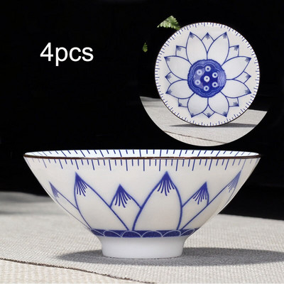 4db/készlet Kék-fehér porcelán teáscsésze,Kézzel festett kúpos teáscsésze,Kínai stílusú mintás teáscsészék,Teakellékek Puer csészekészlet
