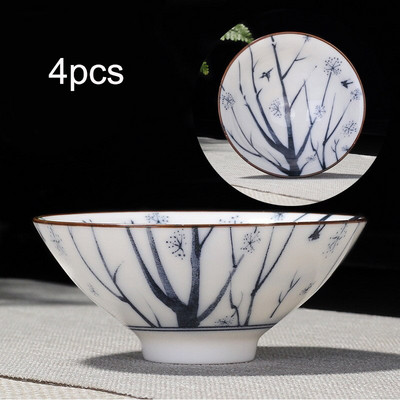 4db/készlet Kék-fehér porcelán teáscsésze,Kézzel festett kúpos teáscsésze,Kínai stílusú mintás teáscsészék,Teakellékek Puer csészekészlet