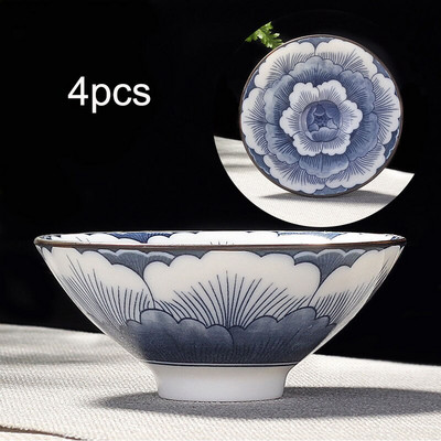 4db/készlet Kék-fehér porcelán teáscsésze,Kézzel festett kúpos teáscsésze,Kínai stílusú mintás teáscsészék,Teakellékek Puer csészekészlet