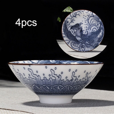 4db/készlet Kék-fehér porcelán teáscsésze,Kézzel festett kúpos teáscsésze,Kínai stílusú mintás teáscsészék,Teakellékek Puer csészekészlet