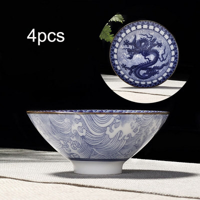 4db/készlet Kék-fehér porcelán teáscsésze,Kézzel festett kúpos teáscsésze,Kínai stílusú mintás teáscsészék,Teakellékek Puer csészekészlet