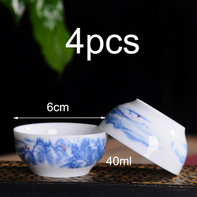 4db/készlet Kék-fehér porcelán teáscsésze,Kézzel festett kúpos teáscsésze,Kínai stílusú mintás teáscsészék,Teakellékek Puer csészekészlet
