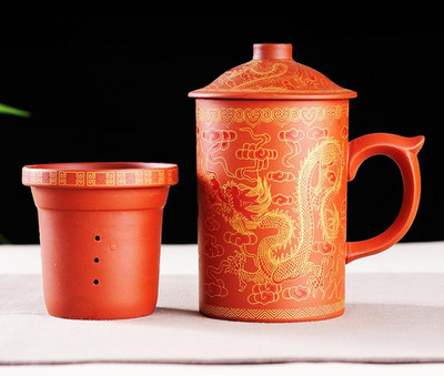 Rankų darbo apvalus Heath purpurinio molio arbatos puodelis su dangteliu Puer Filter arbatos puodelis Biuro vandens puodelis Dovana kelionėms Kung Fu gėrimai