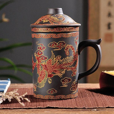 Rankų darbo apvalus Heath purpurinio molio arbatos puodelis su dangteliu Puer Filter arbatos puodelis Biuro vandens puodelis Dovana kelionėms Kung Fu gėrimai