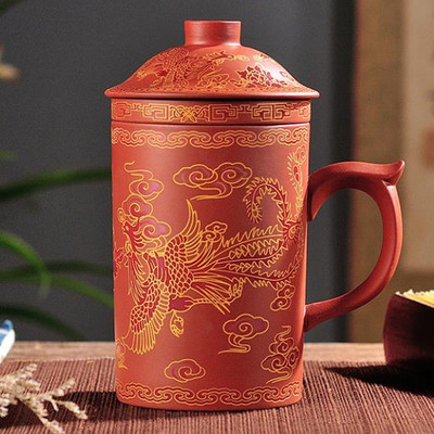 Rankų darbo apvalus Heath purpurinio molio arbatos puodelis su dangteliu Puer Filter arbatos puodelis Biuro vandens puodelis Dovana kelionėms Kung Fu gėrimai