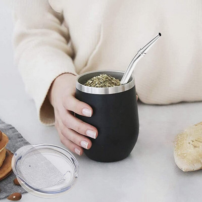 Set de ceai Yerba Gourd Mate cu perete dublu Ceai de cafea Ceai de ceai Water Mate cu capac Lingura Paie Bombilla Head Perie cu filtru