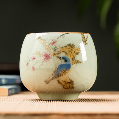 2 db/tétel Hagyományos jégrepesz kerámia teáscsésze kávéscsésze kézzel festett virágmintás teástál Kézzel készített teáskészlet kiegészítő