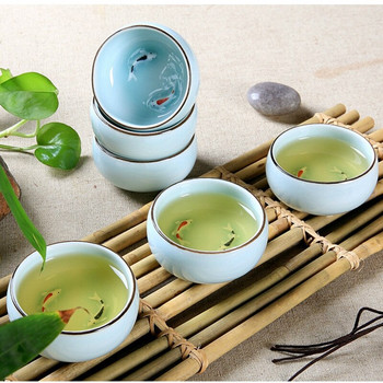 45 мл/80 мл ръчно рисувана керамична релефна двойна чаша за чай Longquan Celadon Трифутова риба Luohan Древни лични чаши 2 цвята