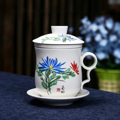 Kék-fehér porcelán kerámia irodai teáscsésze fedővel és szűrővel Kreatív kerámia, kézzel festett vizespohár ajándék italos edény