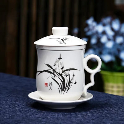 Kék-fehér porcelán kerámia irodai teáscsésze fedővel és szűrővel Kreatív kerámia, kézzel festett vizespohár ajándék italos edény