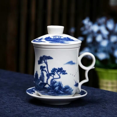 Kék-fehér porcelán kerámia irodai teáscsésze fedővel és szűrővel Kreatív kerámia, kézzel festett vizespohár ajándék italos edény