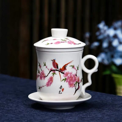 Kék-fehér porcelán kerámia irodai teáscsésze fedővel és szűrővel Kreatív kerámia, kézzel festett vizespohár ajándék italos edény