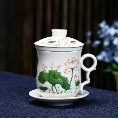 Kék-fehér porcelán kerámia irodai teáscsésze fedővel és szűrővel Kreatív kerámia, kézzel festett vizespohár ajándék italos edény