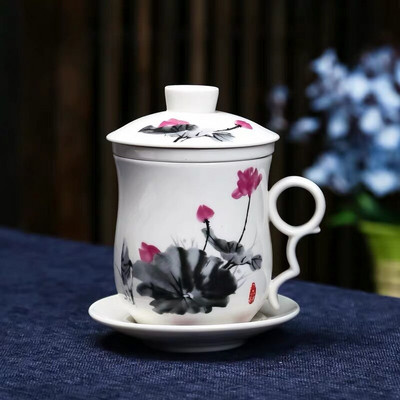 Kék-fehér porcelán kerámia irodai teáscsésze fedővel és szűrővel Kreatív kerámia, kézzel festett vizespohár ajándék italos edény