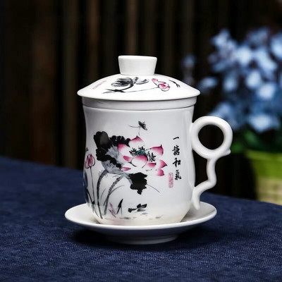 Kék-fehér porcelán kerámia irodai teáscsésze fedővel és szűrővel Kreatív kerámia, kézzel festett vizespohár ajándék italos edény