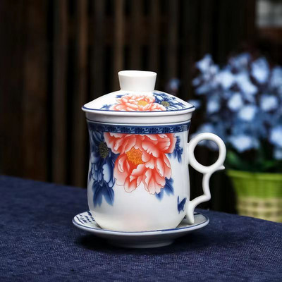 Kék-fehér porcelán kerámia irodai teáscsésze fedővel és szűrővel Kreatív kerámia, kézzel festett vizespohár ajándék italos edény
