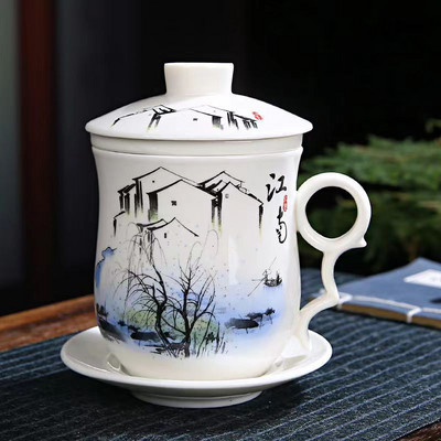 Kék-fehér porcelán kerámia irodai teáscsésze fedővel és szűrővel Kreatív kerámia, kézzel festett vizespohár ajándék italos edény