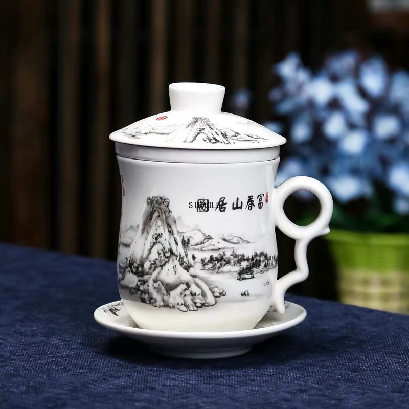 Kék-fehér porcelán kerámia irodai teáscsésze fedővel és szűrővel Kreatív kerámia, kézzel festett vizespohár ajándék italos edény