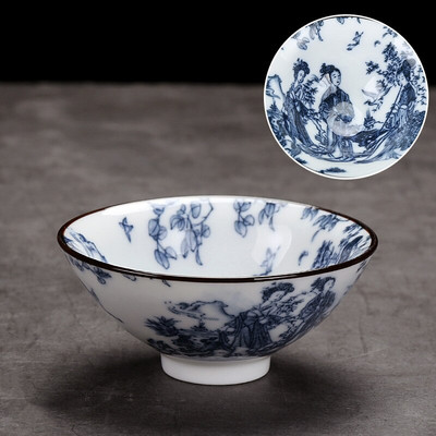 1 db, kézzel készített kék-fehér porcelán teáscsésze utazási kerámia teástál vízkőmentes, kézzel festett kúpos csésze meditációs csésze teáskészlet
