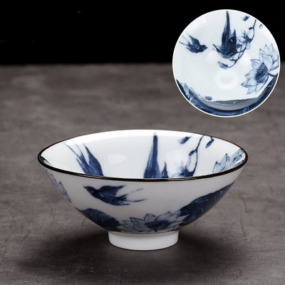 1 db, kézzel készített kék-fehér porcelán teáscsésze utazási kerámia teástál vízkőmentes, kézzel festett kúpos csésze meditációs csésze teáskészlet