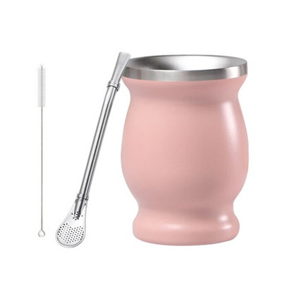 Yerba Mate Cup 304 nerūsējošā tērauda dubultsiena 8 unces Argentīnas Yerba Mate ķirbja forma ar salmu karoti un tīrīšanas suku