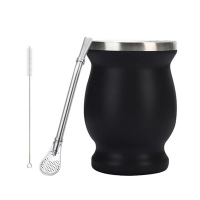 Yerba Mate Cup 304 nerūsējošā tērauda dubultsiena 8 unces Argentīnas Yerba Mate ķirbja forma ar salmu karoti un tīrīšanas suku