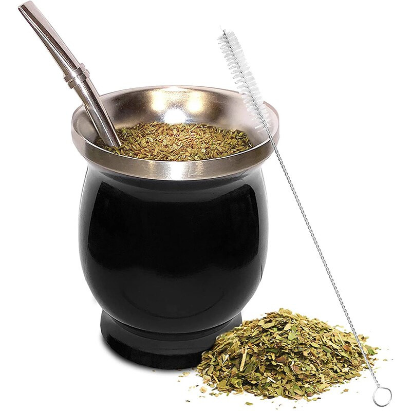 Yerba Mate Cup 304 από ανοξείδωτο ατσάλι Διπλό Τοίχωμα 8oz Αργεντινής Yerba Mate Σχήμα κολοκύθας με ψάθινο κουτάλι και βούρτσα καθαρισμού