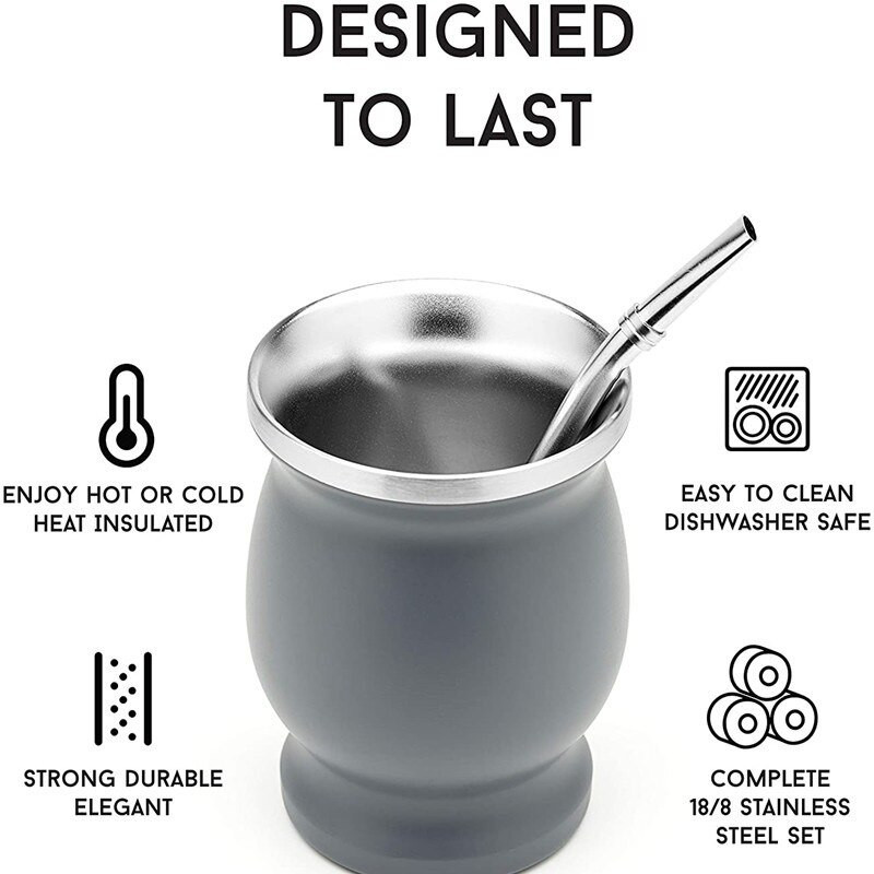 Yerba Mate Cup 304 από ανοξείδωτο ατσάλι Διπλό Τοίχωμα 8oz Αργεντινής Yerba Mate Σχήμα κολοκύθας με ψάθινο κουτάλι και βούρτσα καθαρισμού