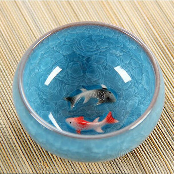 Κινεζικό Ice Crackle Glaze Κεραμικά φλιτζάνια τσαγιού Anaglyph 3D Koi Fish Art Φλιτζάνι Μονό Τσάι Πολύχρωμο Κυπρίνος Fish Porcelain Tazza 1τμχ 60ml