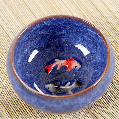 Kínai jégroppanó máz kerámia teáscsészék Anaglyph 3D Koi Fish Art Cup Single Tea Colorful Carp Fish Porcelán Tazza 1db 60ml