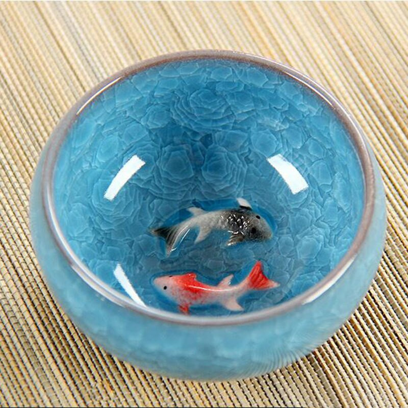 Kínai jégroppanó máz kerámia teáscsészék Anaglyph 3D Koi Fish Art Cup Single Tea Colorful Carp Fish Porcelán Tazza 1db 60ml
