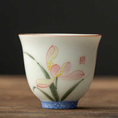 Retro keramikinis arbatos puodelis rankomis dažytas gėlių raštais meditacijos puodelis, vienas nešiojamasis kelioninis arbatos dubuo Pu'er Master puodelio arbatos rinkinys 50 ml