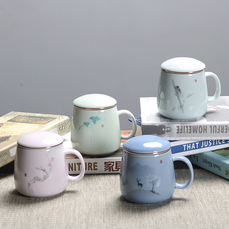 Чаша с керамичен филтър Проста чаша за чай с голям капацитет, домакинска чаша за кафе с капак, порцеланова чаша за разделяне на офис чай