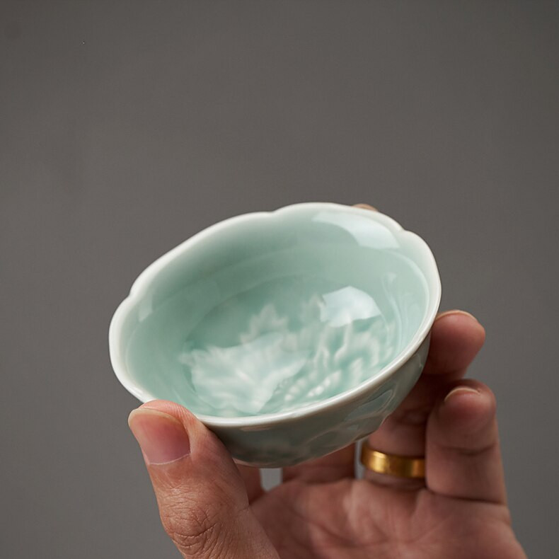 2 buc/lot Celadon Bujor Ceramic Cești frumoase Set de ceai de ceai castron de vin verde deschis pentru ceremonia ceaiului căni de cafea ceașcă de ceai