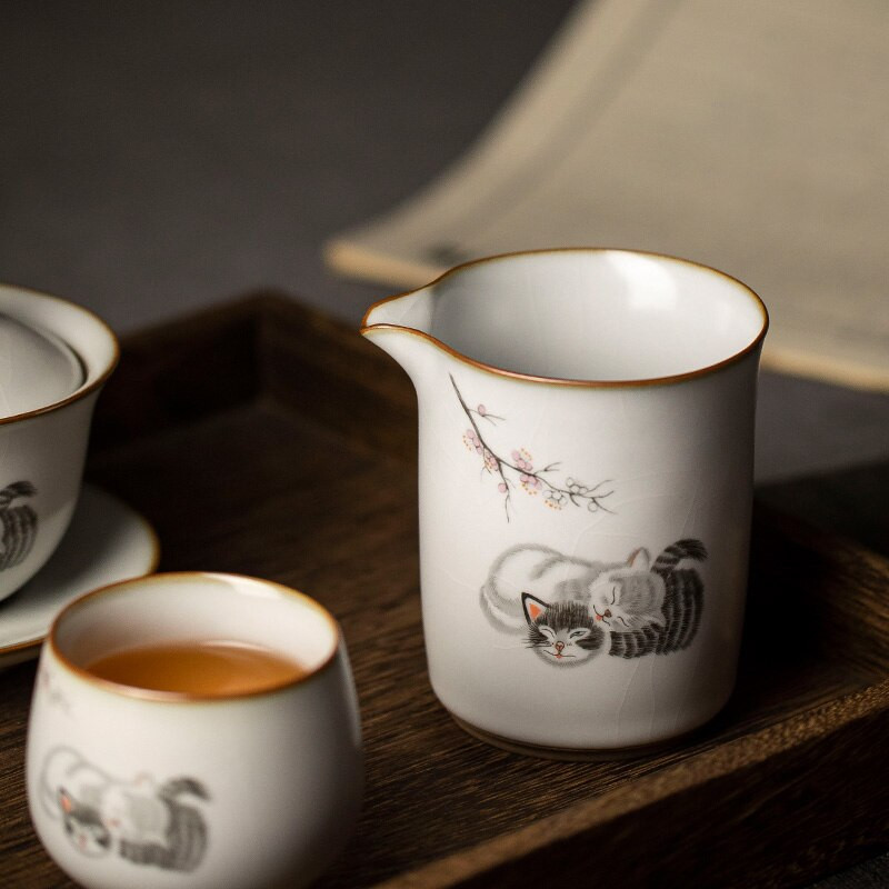 300 ml Kreatív Retro Aranyos macska Gong Dao csésze kerámia teakancsók Chahai kínai kung fu teatartozékok teáskészlet Kellékek kézműves