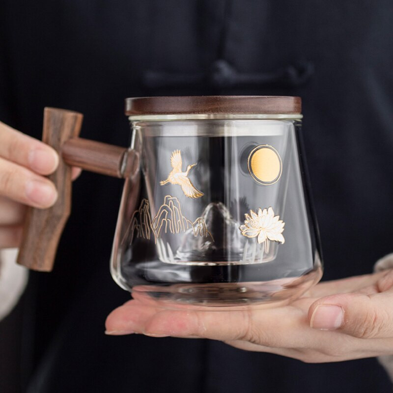 Ceașcă de ceai de sticlă de birou de lux cu model frumos, infuzor de ceai cu rezistență la temperaturi ridicate, ceașcă cu lapte, cești de ceai cu flori Puer Oolong