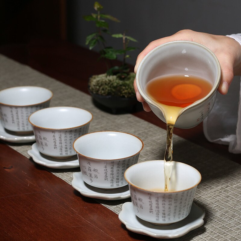 Retro Ru kemence kerámia teáscsésze utazási személyes szív Szútra meditációs csésze Kézzel készített butik teástál Mesterpohár Háztartási teáskészlet