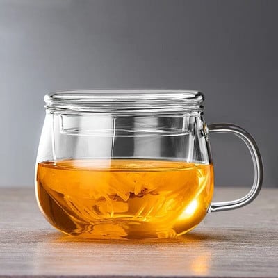 Creative Glass Tea Infuser csésze átlátszó szűrő fogantyúval bambusz fedél Hőálló virág teáscsésze Irodai teás bögre Italkészlet