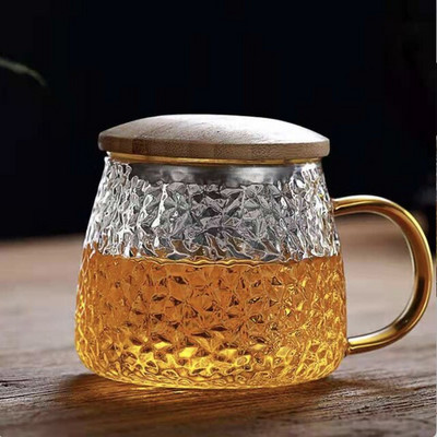 Creative Glass Tea Infuser csésze átlátszó szűrő fogantyúval bambusz fedél Hőálló virág teáscsésze Irodai teás bögre Italkészlet
