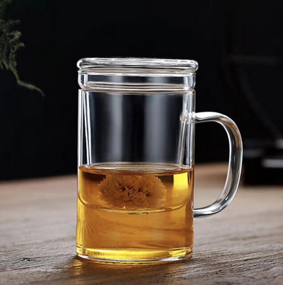 Creative Glass Tea Infuser csésze átlátszó szűrő fogantyúval bambusz fedél Hőálló virág teáscsésze Irodai teás bögre Italkészlet