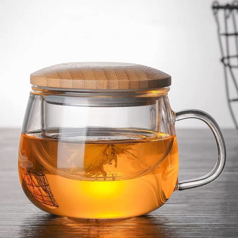 Creative Glass Tea Infuser csésze átlátszó szűrő fogantyúval bambusz fedél Hőálló virág teáscsésze Irodai teás bögre Italkészlet