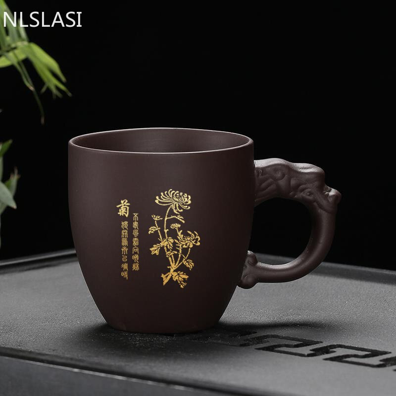 Yixing lila agyag teáscsésze kézi fogantyúval Otthoni vizes csésze kézzel készített teástál Mester teáscsésze Kínai teás kellékek 100 ml
