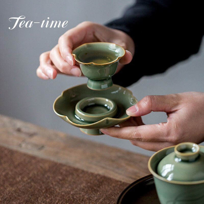 50 ml Boutique Yue Kiln Celadon ceașcă de ceai cu gura de floarea-soarelui cu farfurie Set ceramică Master Cup Chazhan personalizați cadou de ceai