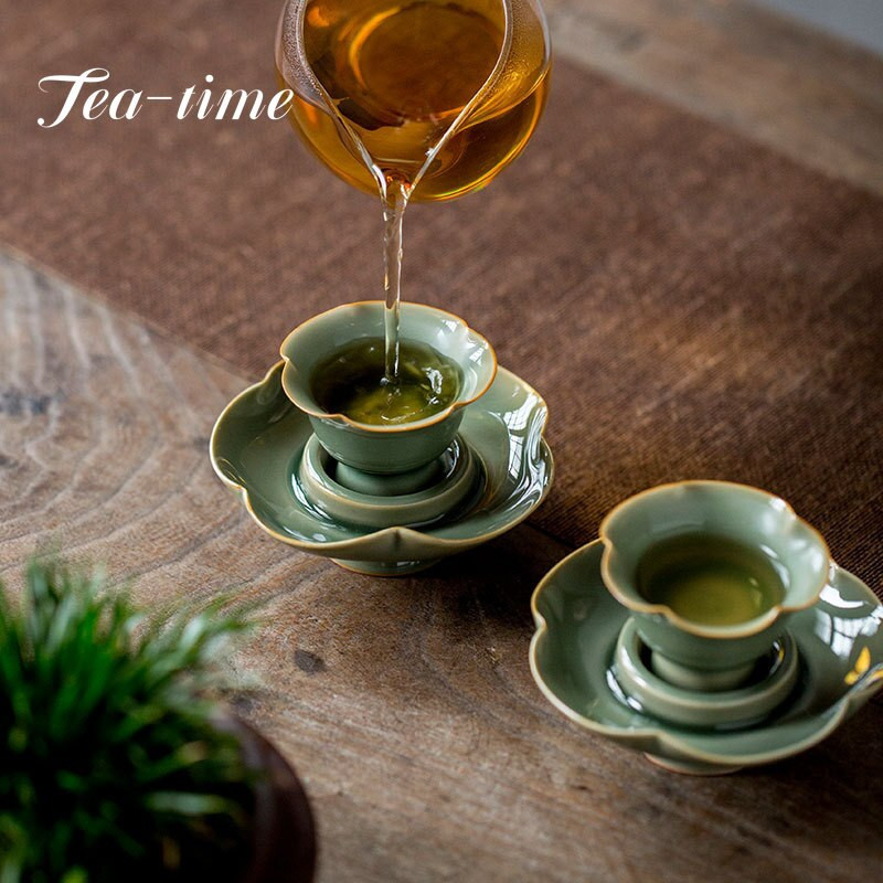 50 ml Boutique Yue Kiln Celadon ceașcă de ceai cu gura de floarea-soarelui cu farfurie Set ceramică Master Cup Chazhan personalizați cadou de ceai